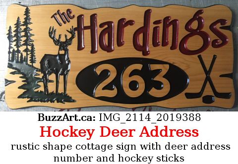rustic shape cottage sign with deer, address number and hockey sticks